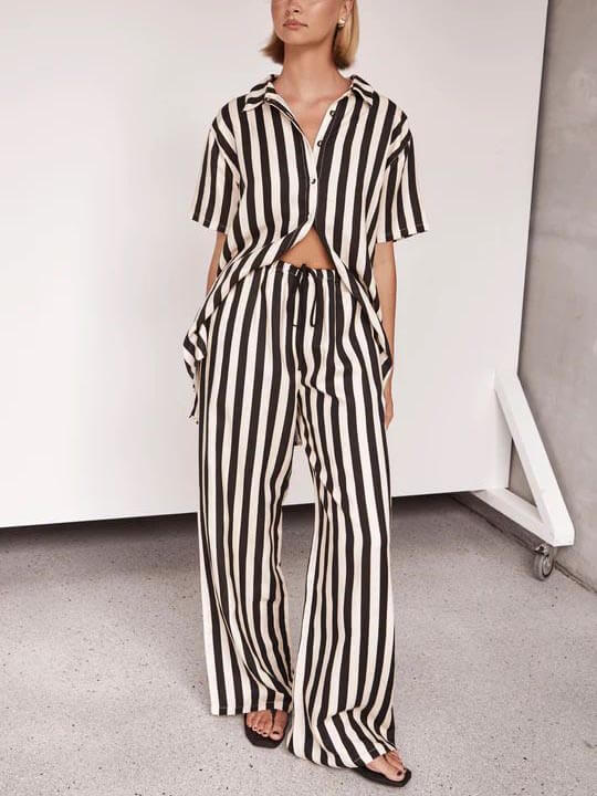 Relaxed Fit Striped Wide Leg Pants Set for Resort Wear