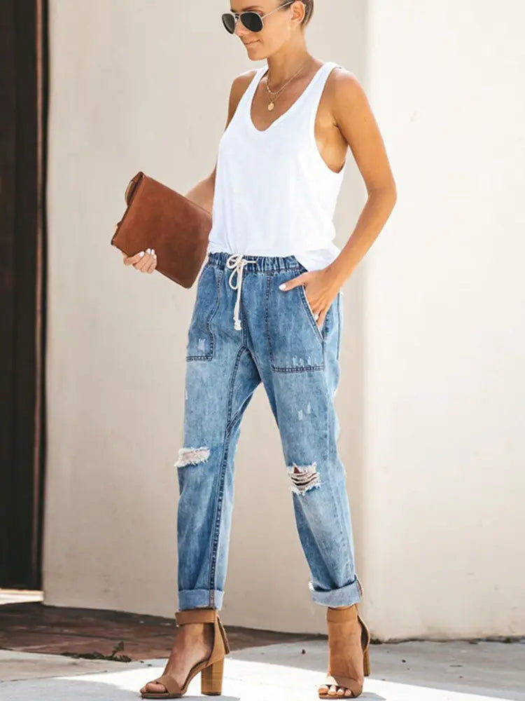 Ripped Denim Trousers with Drawstring for Autumn