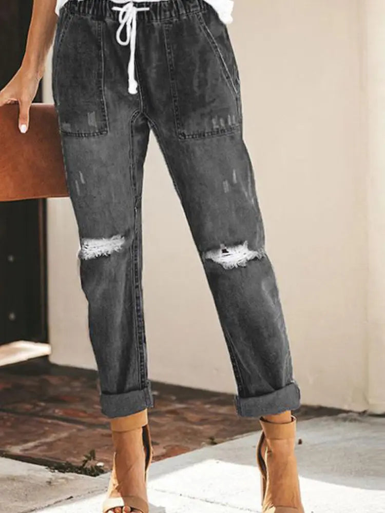 Ripped Denim Trousers with Drawstring for Autumn