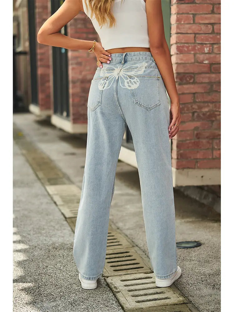 Mid-Rise Light Wash Jeans with Butterfly Print