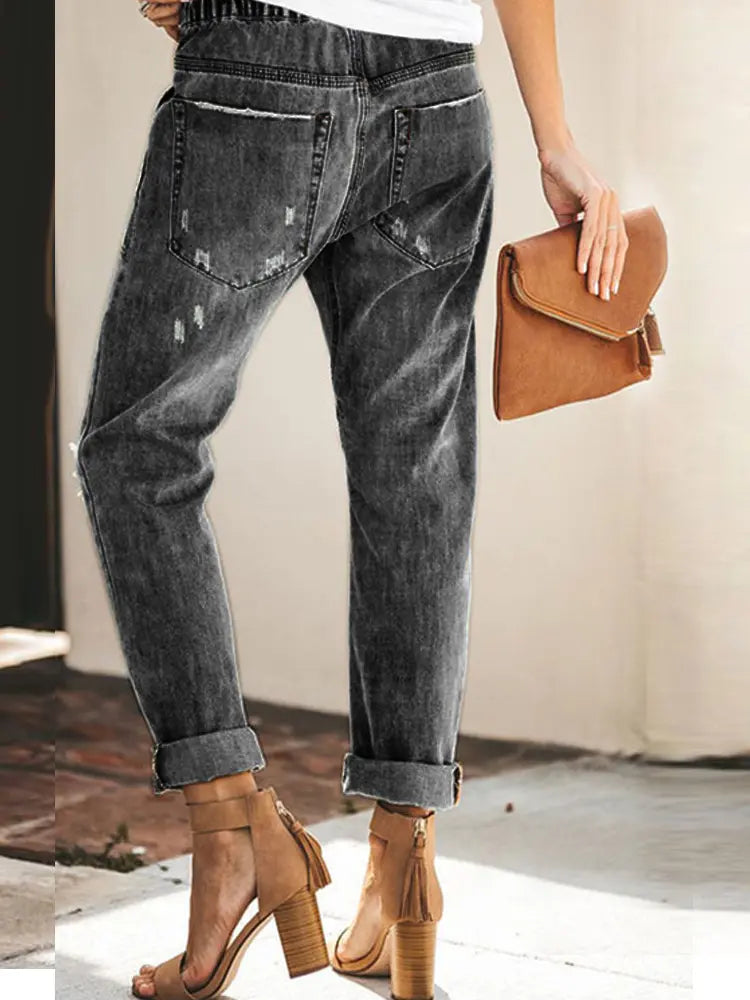 Ripped Denim Trousers with Drawstring for Autumn