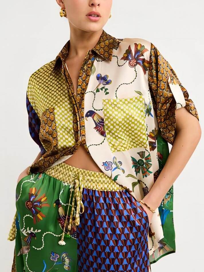 Bohemian-Inspired Loose Wide Leg Pants Set with Unique Folk Print