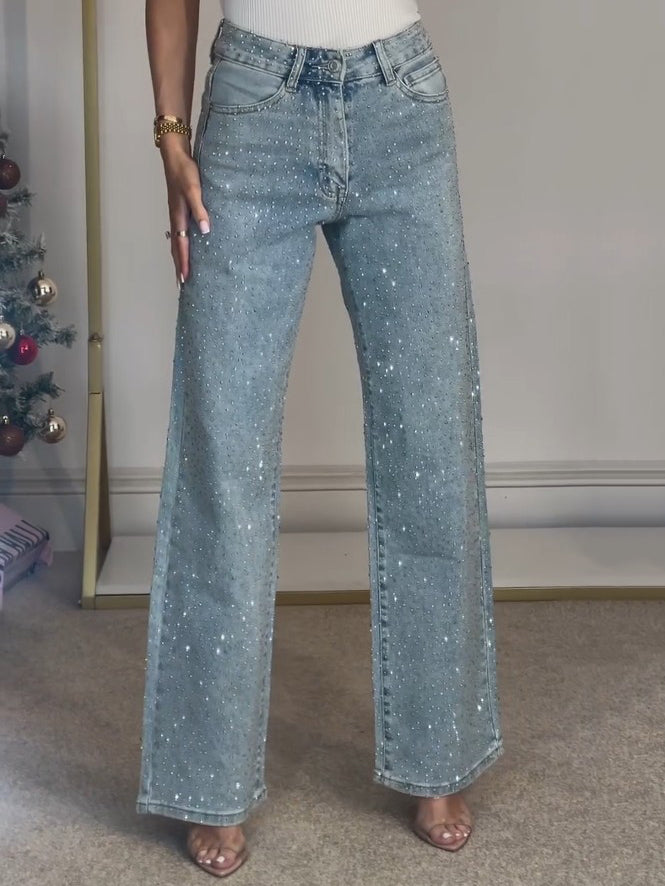 Straight Leg Jeans with High Waist and Diamanté Details