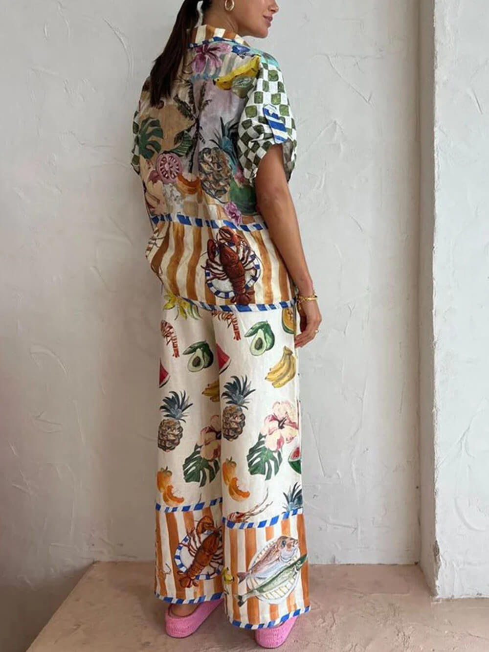 Vibrant Fruit Print Casual Two-Piece Outfit
