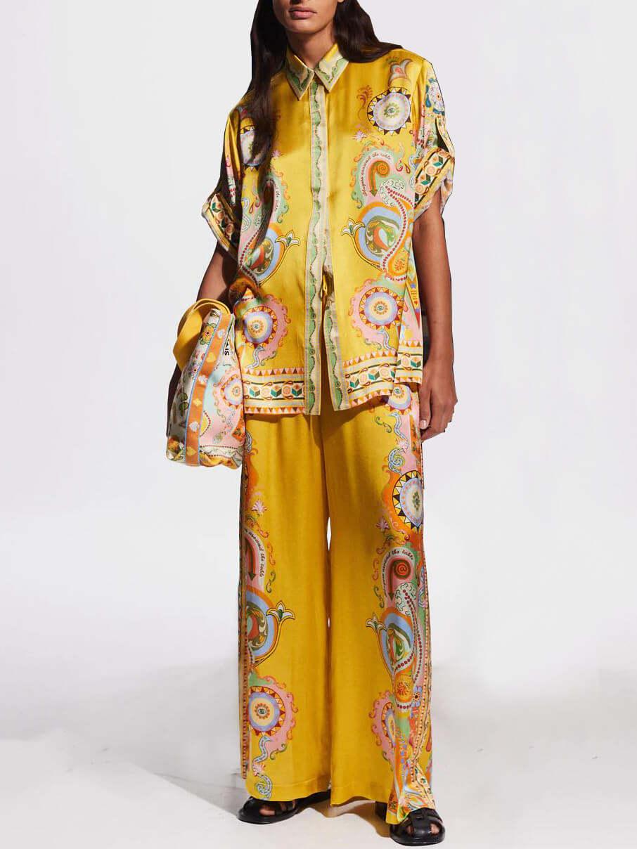 Elegant Satin Cashew Flower Print Oversized Two-Piece Set