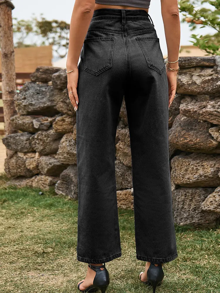 Chic Washed Denim Trousers with Trendy Split Hem