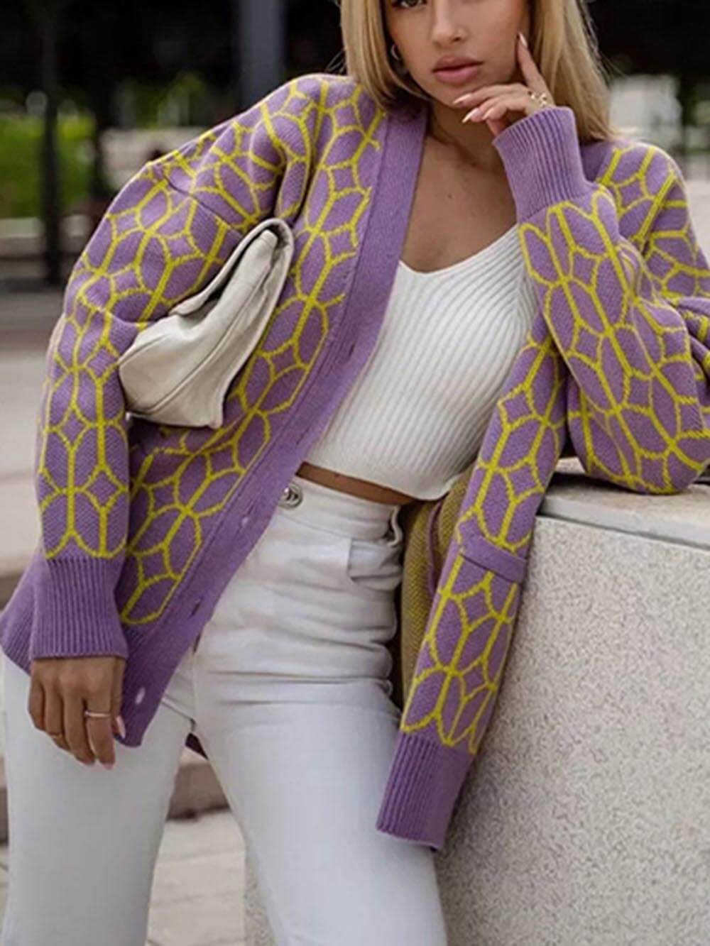 Casual Striped V-Neck Cardigan with Braided Contrast and Button Details