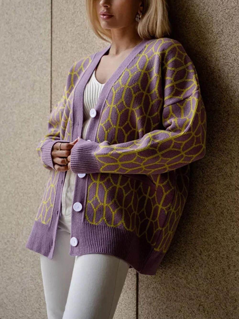 Casual Striped V-Neck Cardigan with Braided Contrast and Button Details