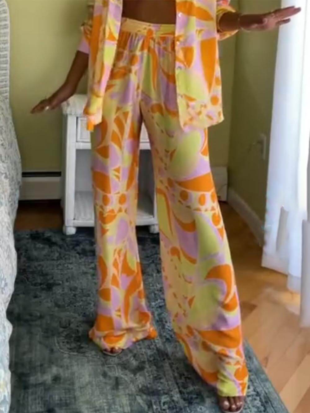 Relaxed Fit Classic Print Trousers Set with Elastic Waist and Pockets