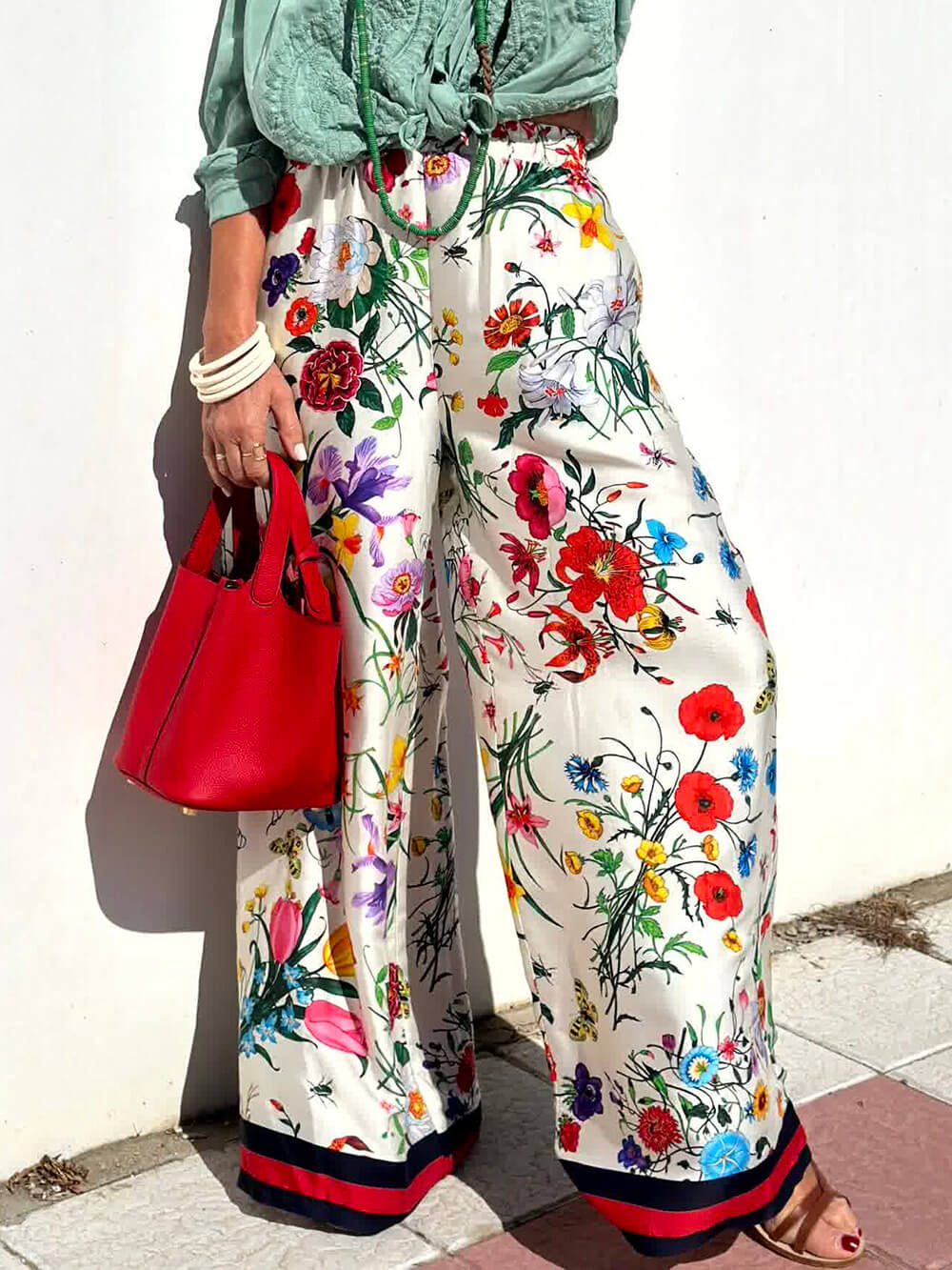 Floral Print Wide Leg Trousers with Elastic Waist and Pockets - Set
