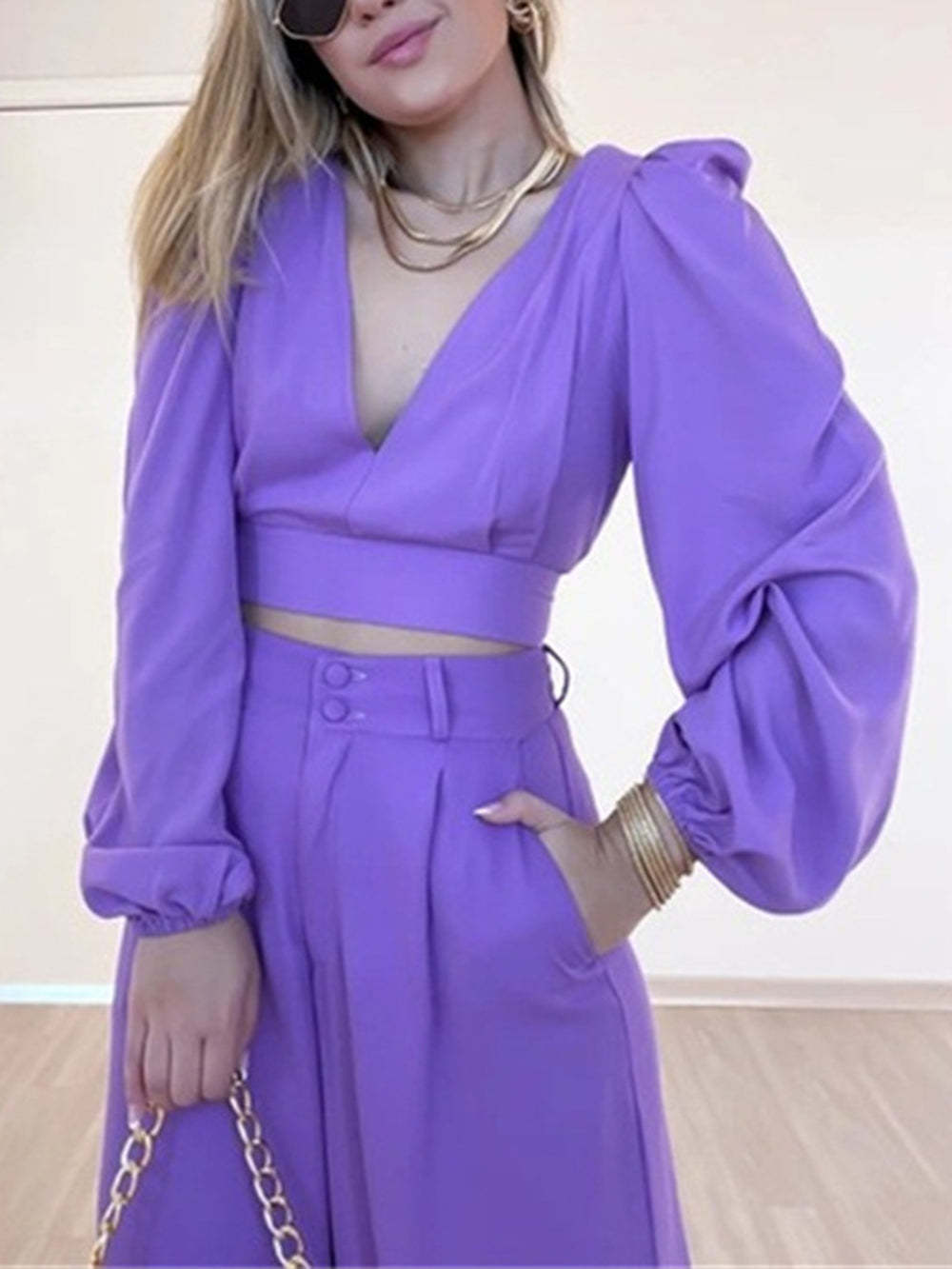 Lavender Pants Set with Plunge Neck Top