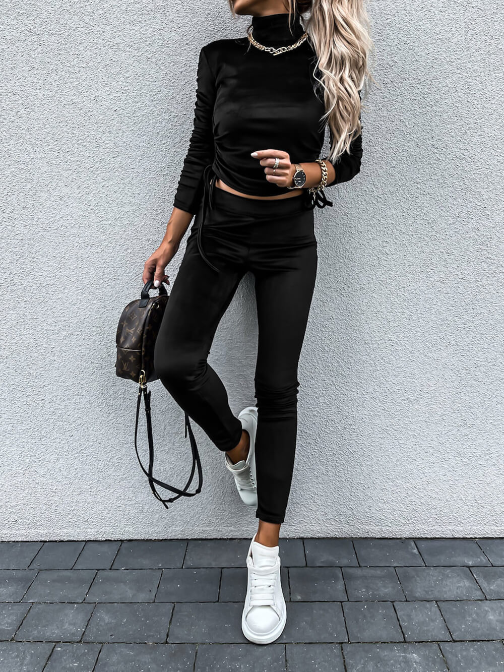 Relaxed Solid Turtleneck Long Sleeve Two-Piece Set with Drawstring