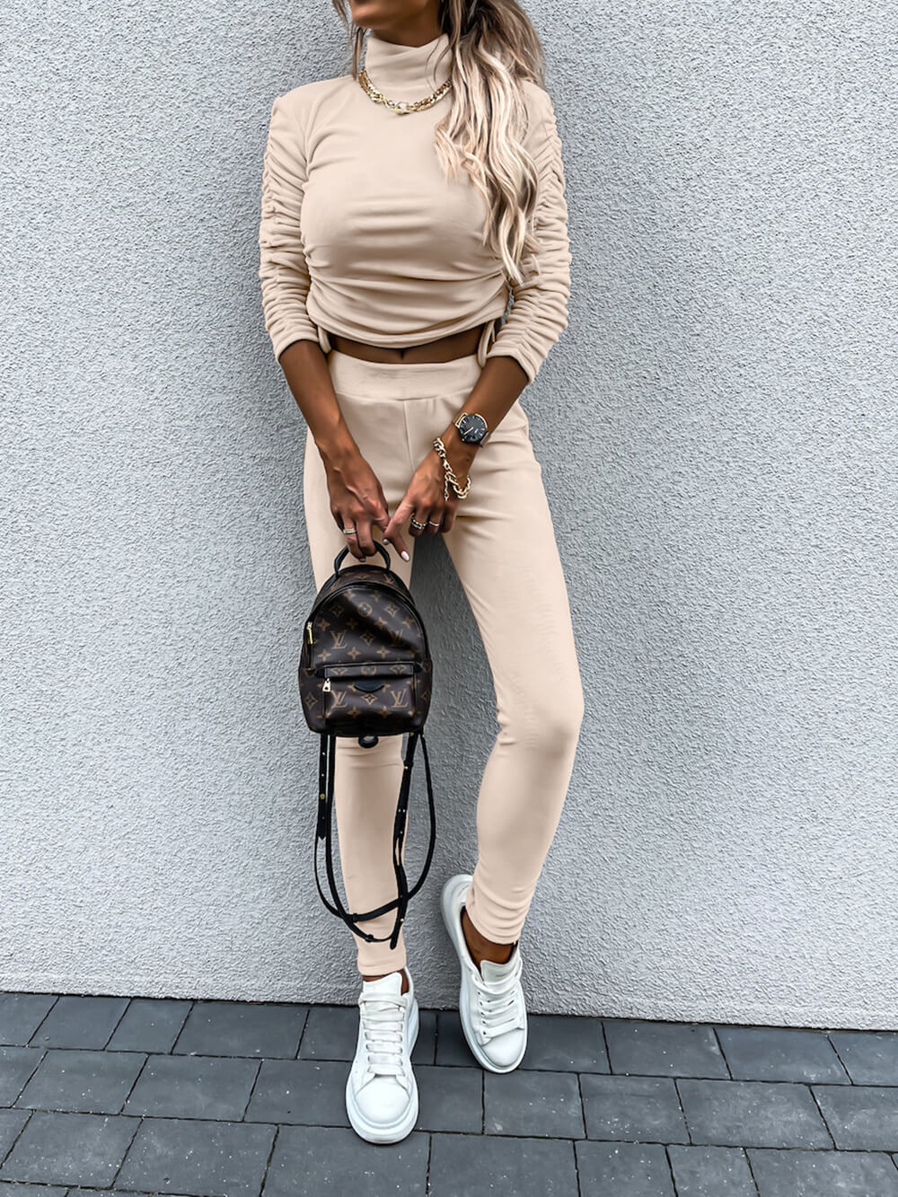 Relaxed Solid Turtleneck Long Sleeve Two-Piece Set with Drawstring