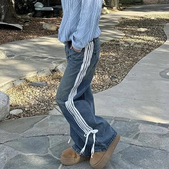 Wide-Leg Jeans with Loose Fit, Side Stripes, and Bow Detail