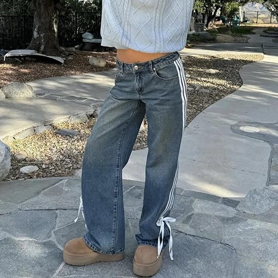 Wide-Leg Jeans with Loose Fit, Side Stripes, and Bow Detail