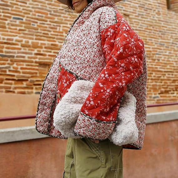 Quilted Jacket with Ethnic Floral Print and Color Contrast