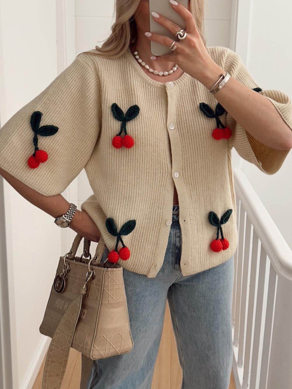 Charming V-Neck Cardigan with Cherry Embellishments