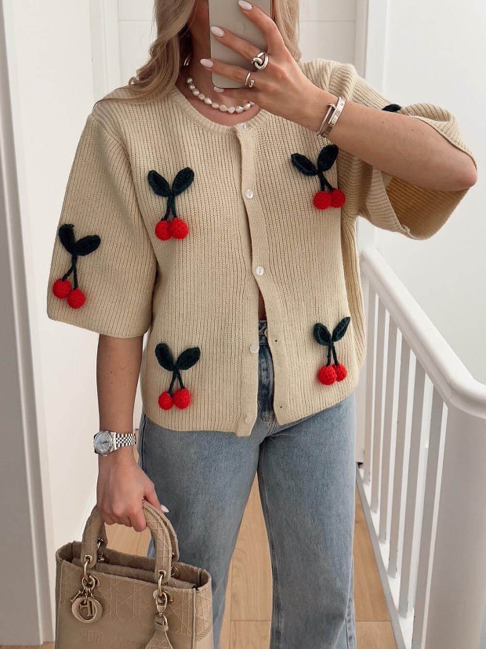 Charming V-Neck Cardigan with Cherry Embellishments