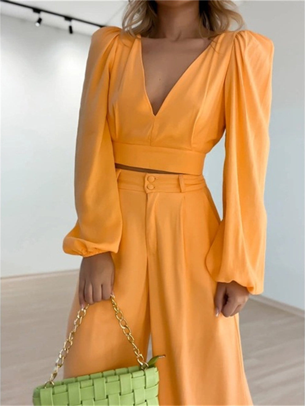 Lavender Pants Set with Plunge Neck Top