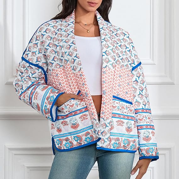 Quilted Thin Jacket with Lapel and Printed Patchwork Design