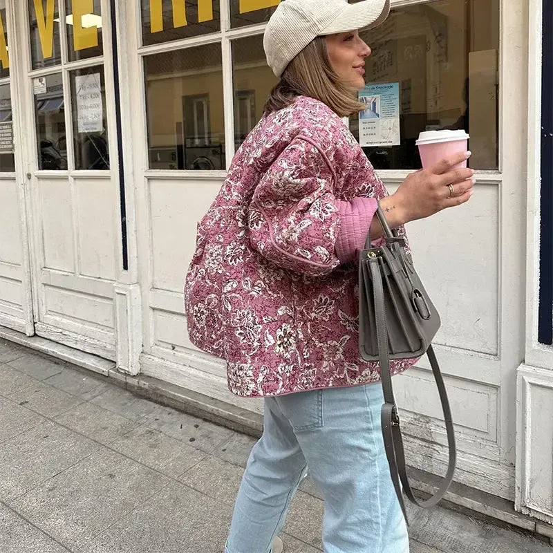 Quilted Jacket with Retro Floral Print for Street Style