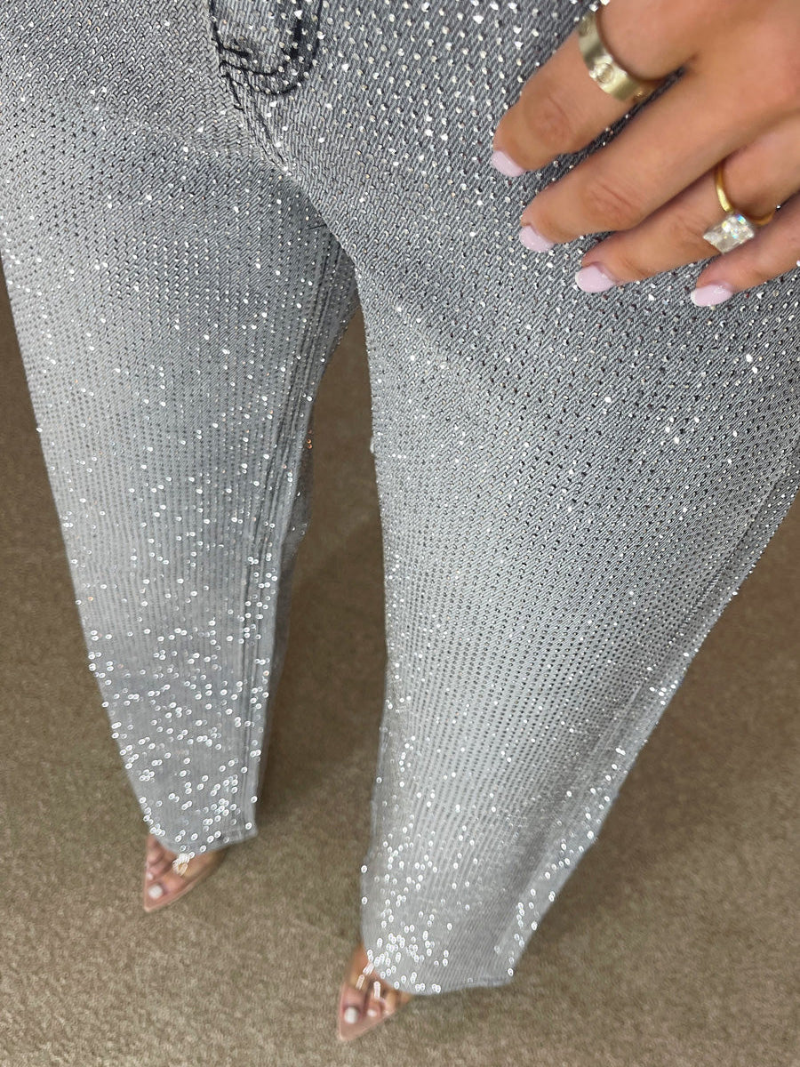 Luxury Storm Grey Wide Leg Denim Jeans with Diamanté Accents