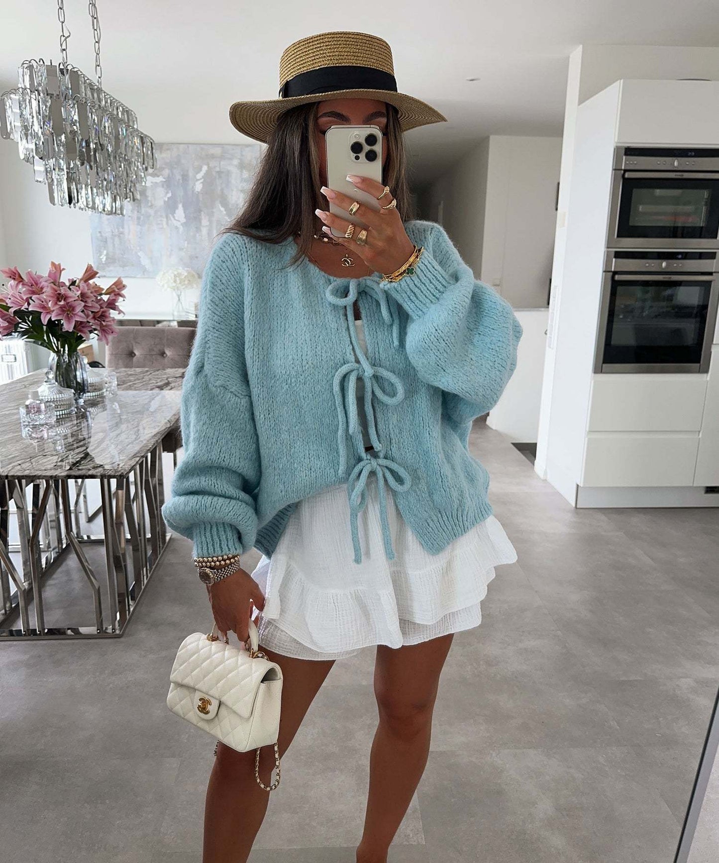 Solid Color Lace-Up Crew Neck Cardigan