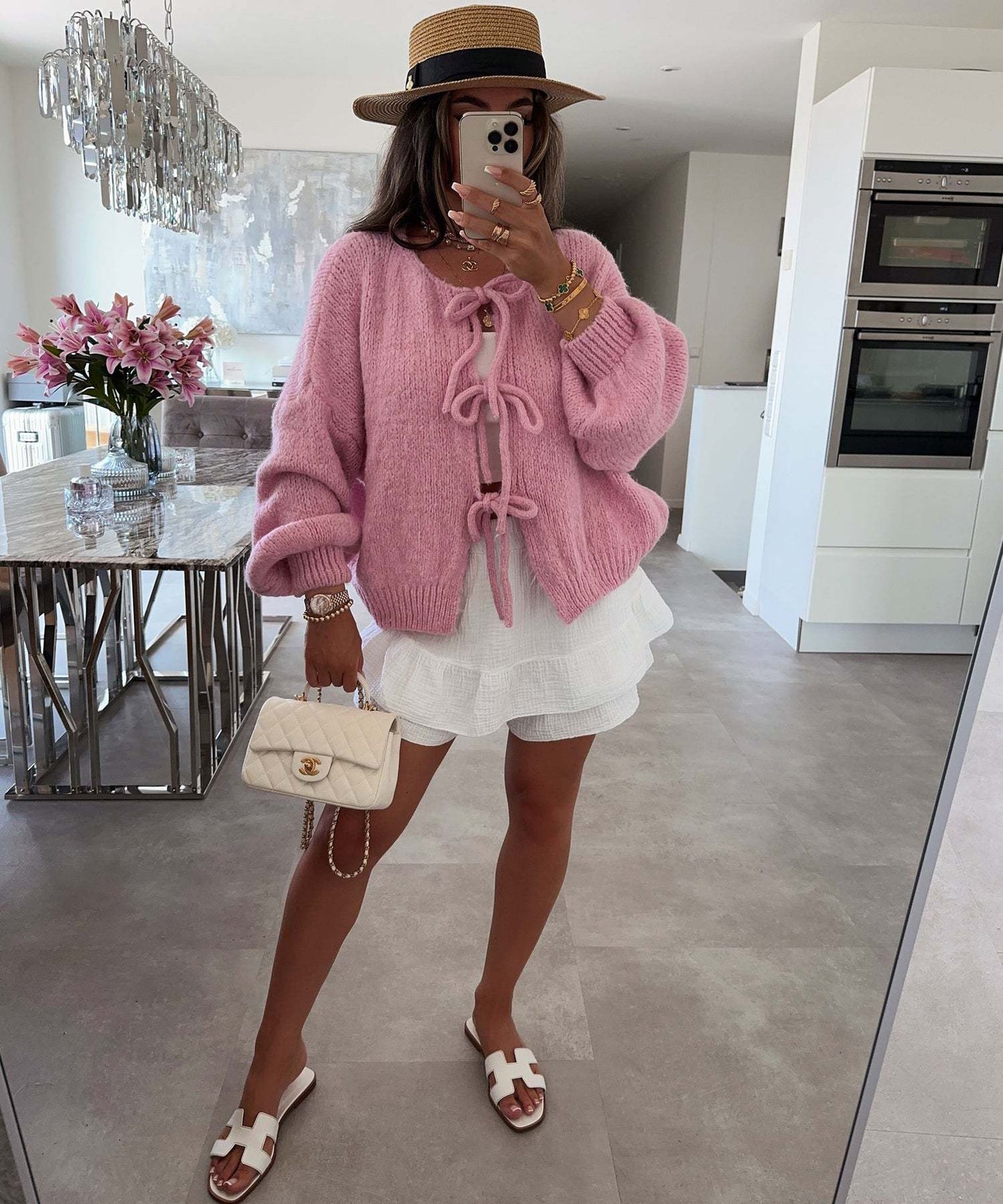 Solid Color Lace-Up Crew Neck Cardigan