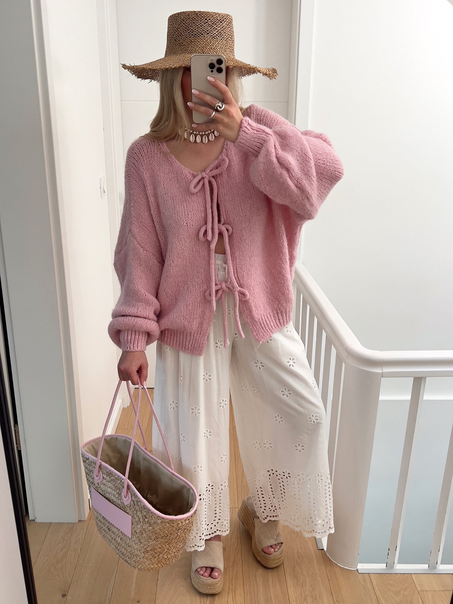 Solid Color Lace-Up Crew Neck Cardigan