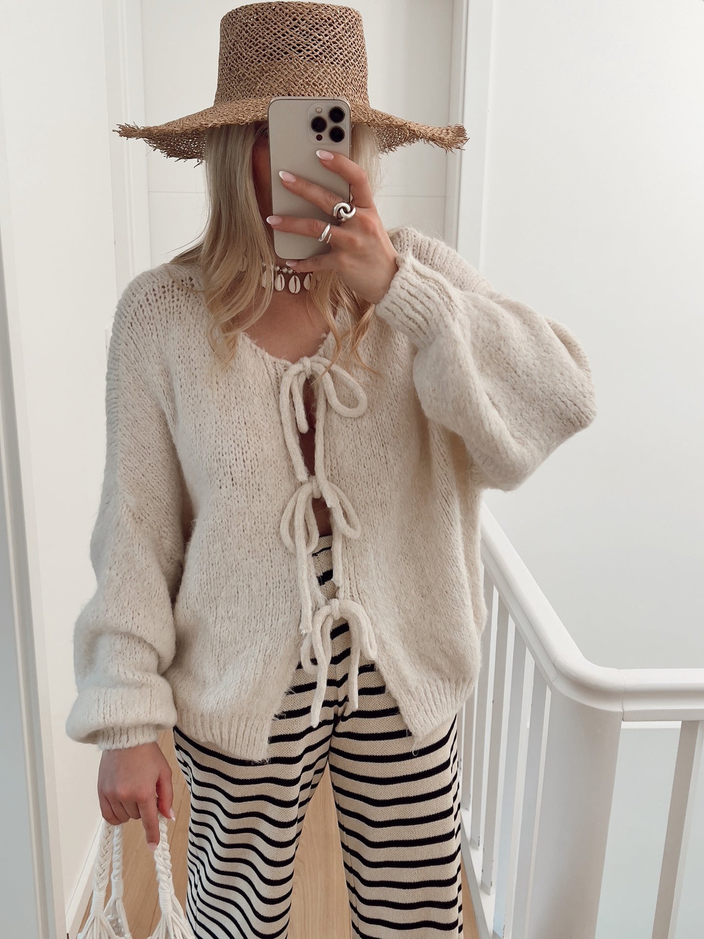 Solid Color Lace-Up Crew Neck Cardigan