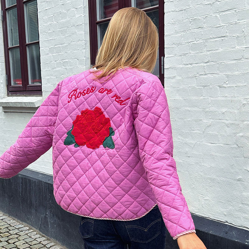 Pink Thin Jacket with Rose Print and Bow Detail