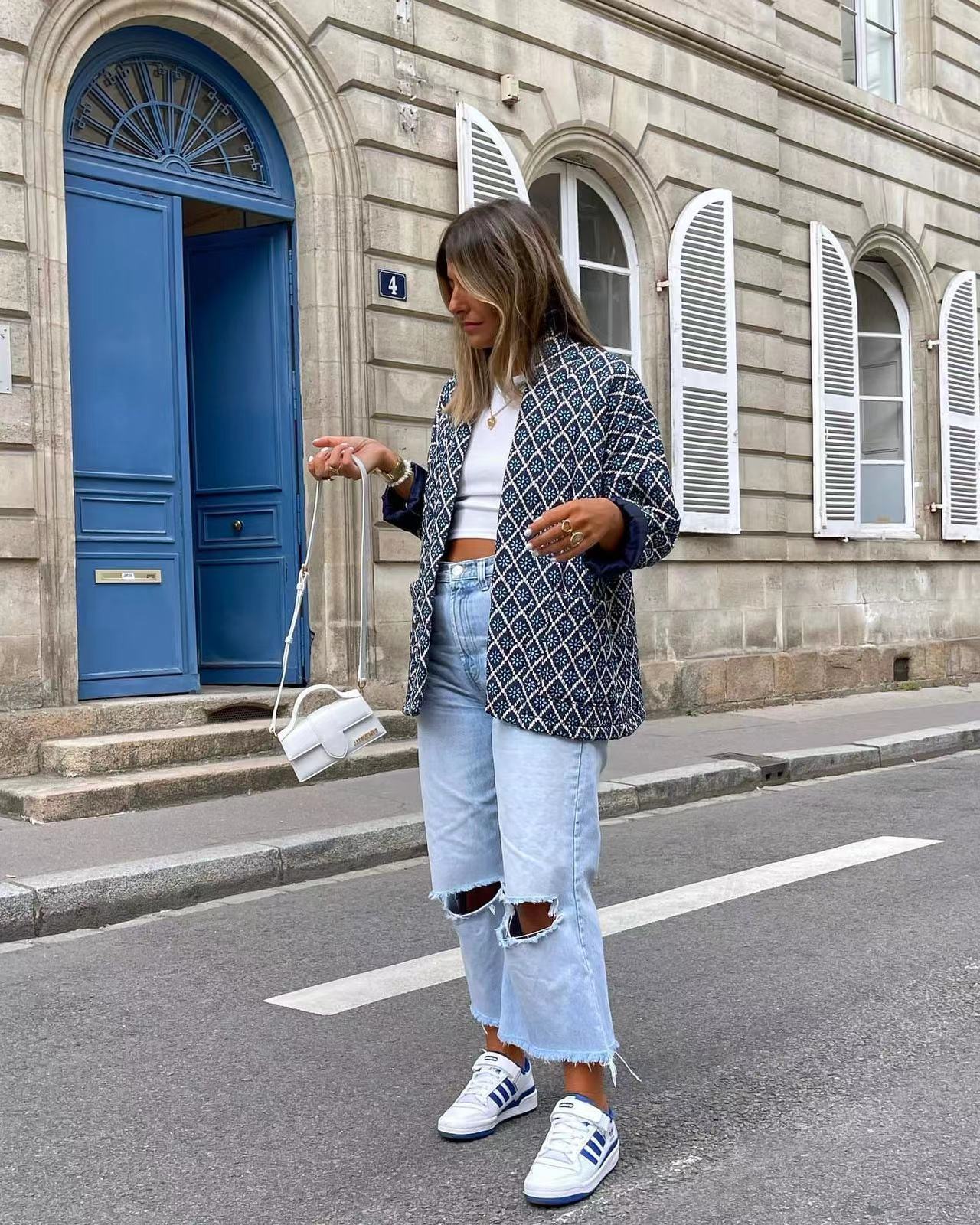 Quilted Jacket with Floral Print and Geometric Pattern Pockets