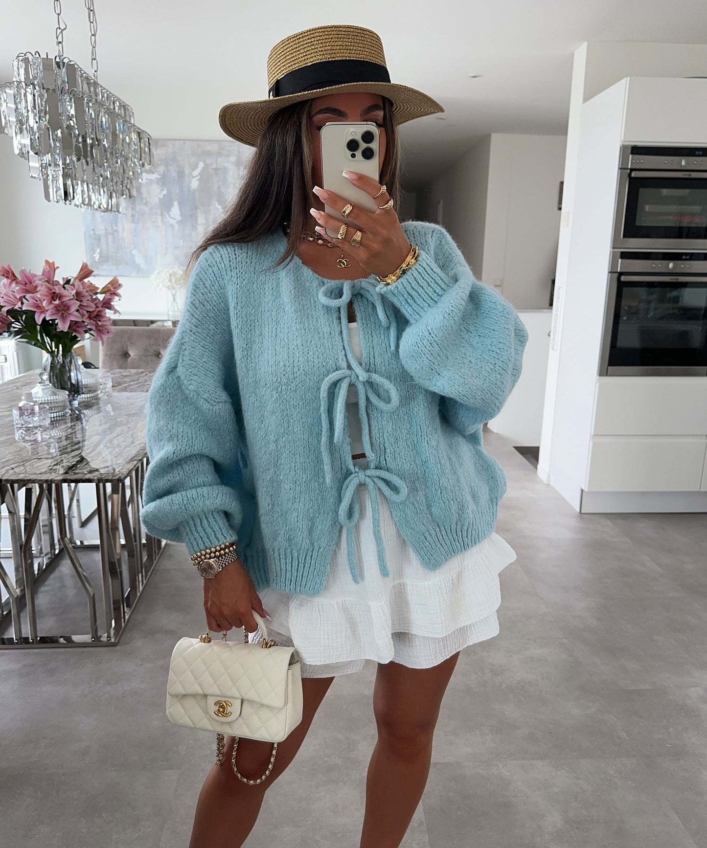 Solid Color Lace-Up Crew Neck Cardigan