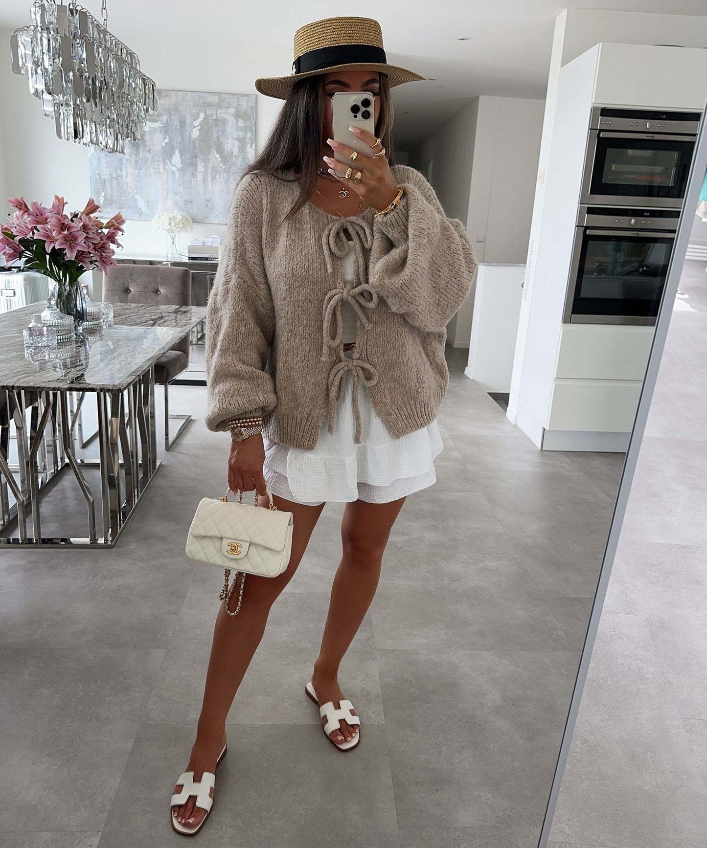 Solid Color Lace-Up Crew Neck Cardigan