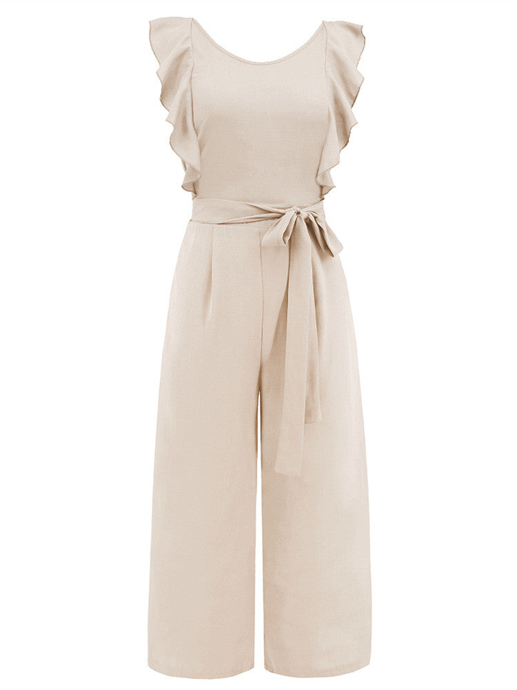 Ruffled Belted Midi Culotte Jumpsuit with Straight Legs