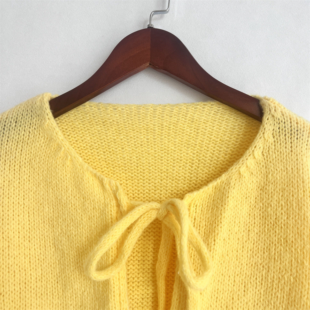 Solid Color Lace-Up Crew Neck Cardigan