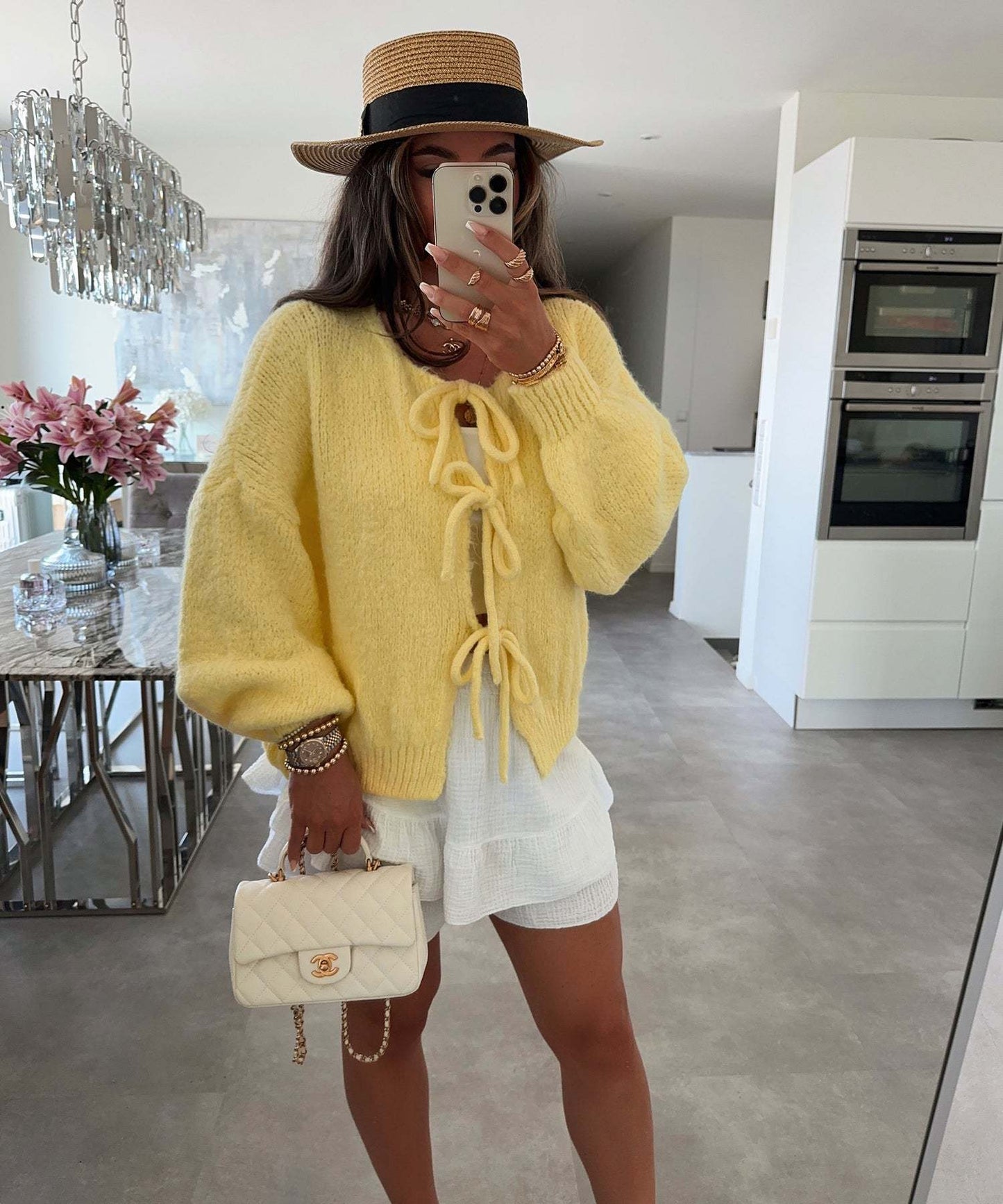 Solid Color Lace-Up Crew Neck Cardigan