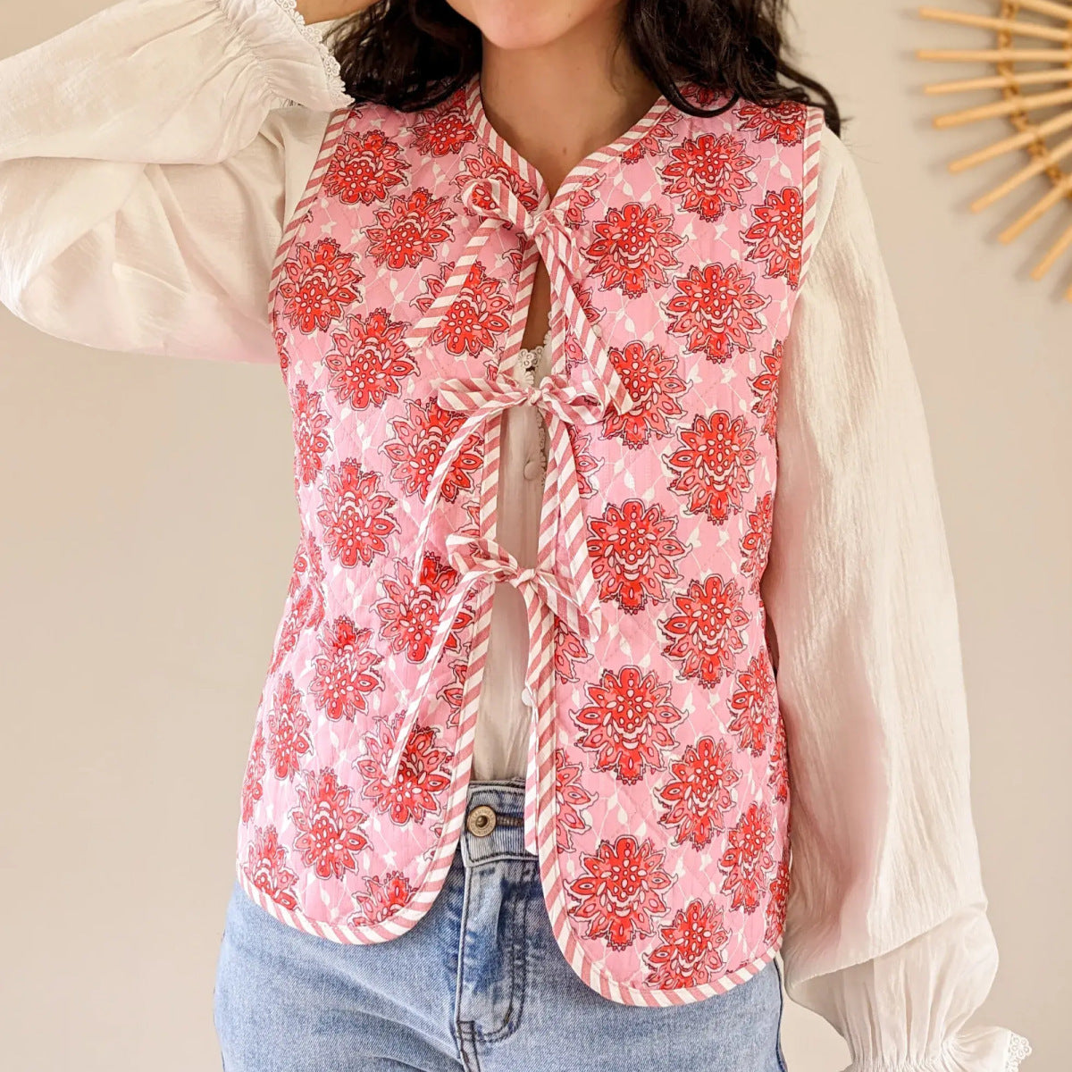 Floral Print Pink Lace-Up Quilted Waistcoat