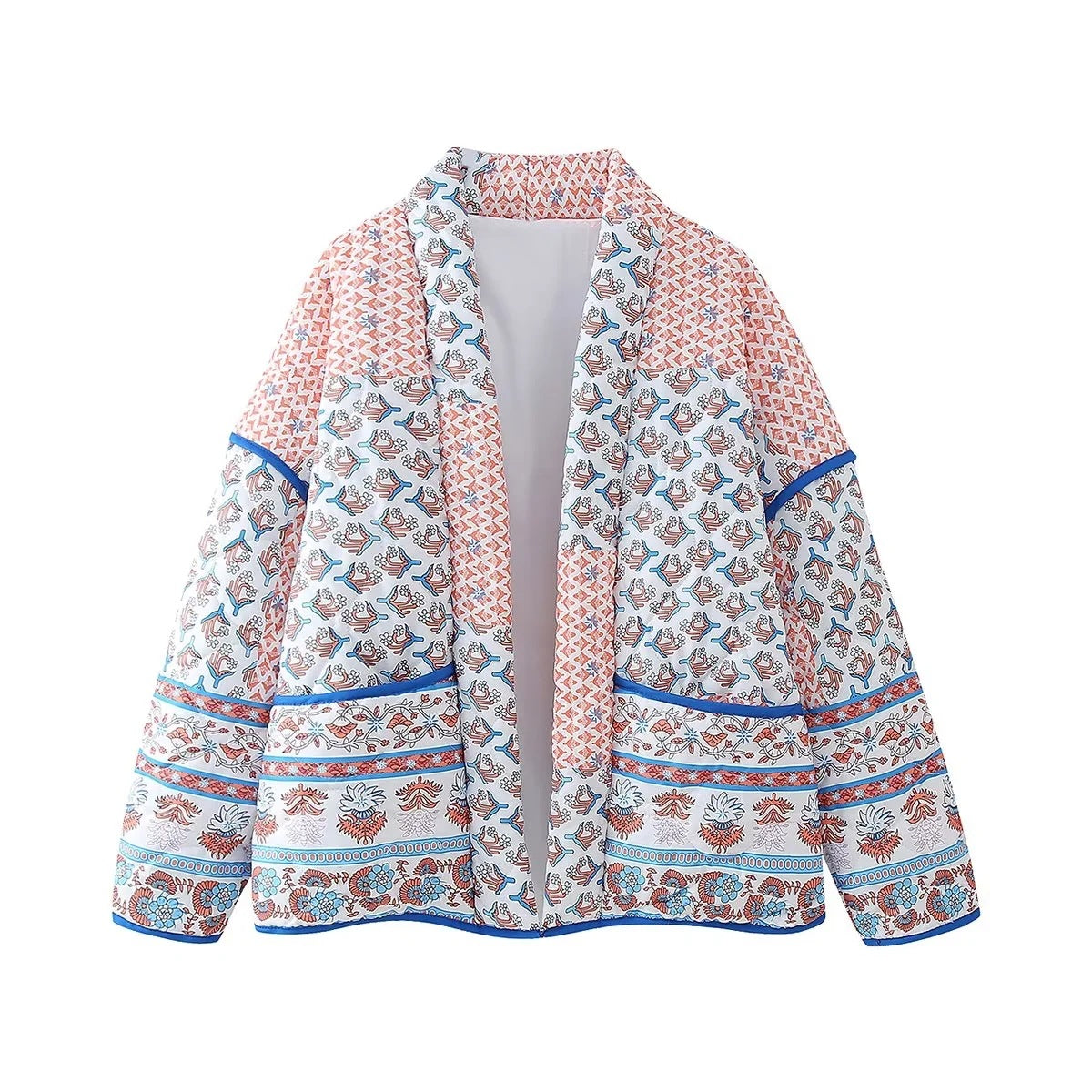 Quilted Thin Jacket with Lapel and Printed Patchwork Design