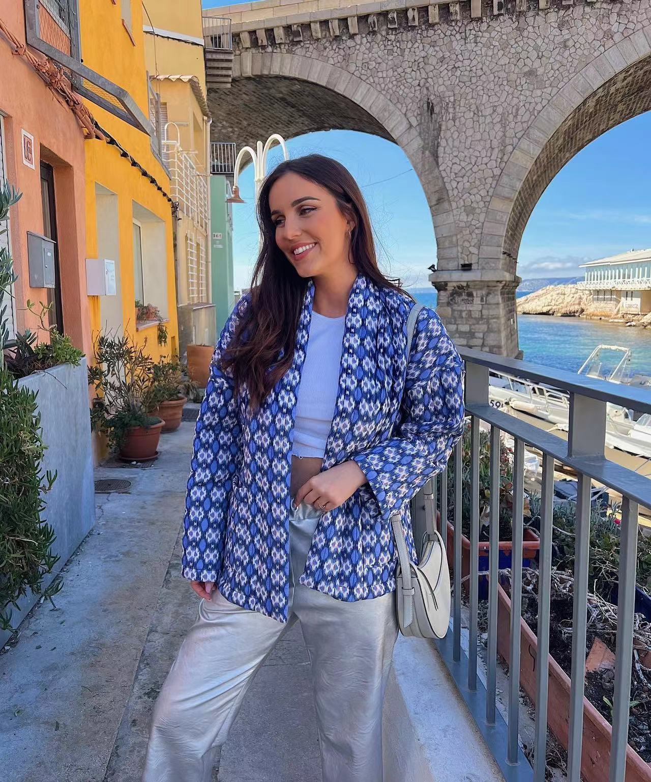 Quilted Jacket with Floral Print and Geometric Pattern Pockets