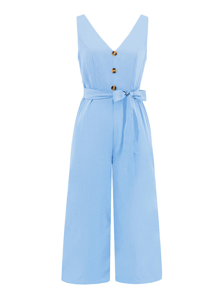 V-Neck Button-Up Jumpsuit with Knot Tie and Cut-Out Back