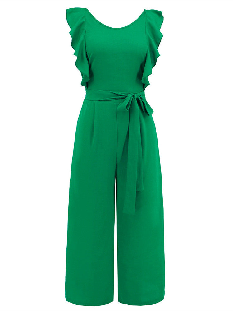 Ruffled Belted Midi Culotte Jumpsuit with Straight Legs