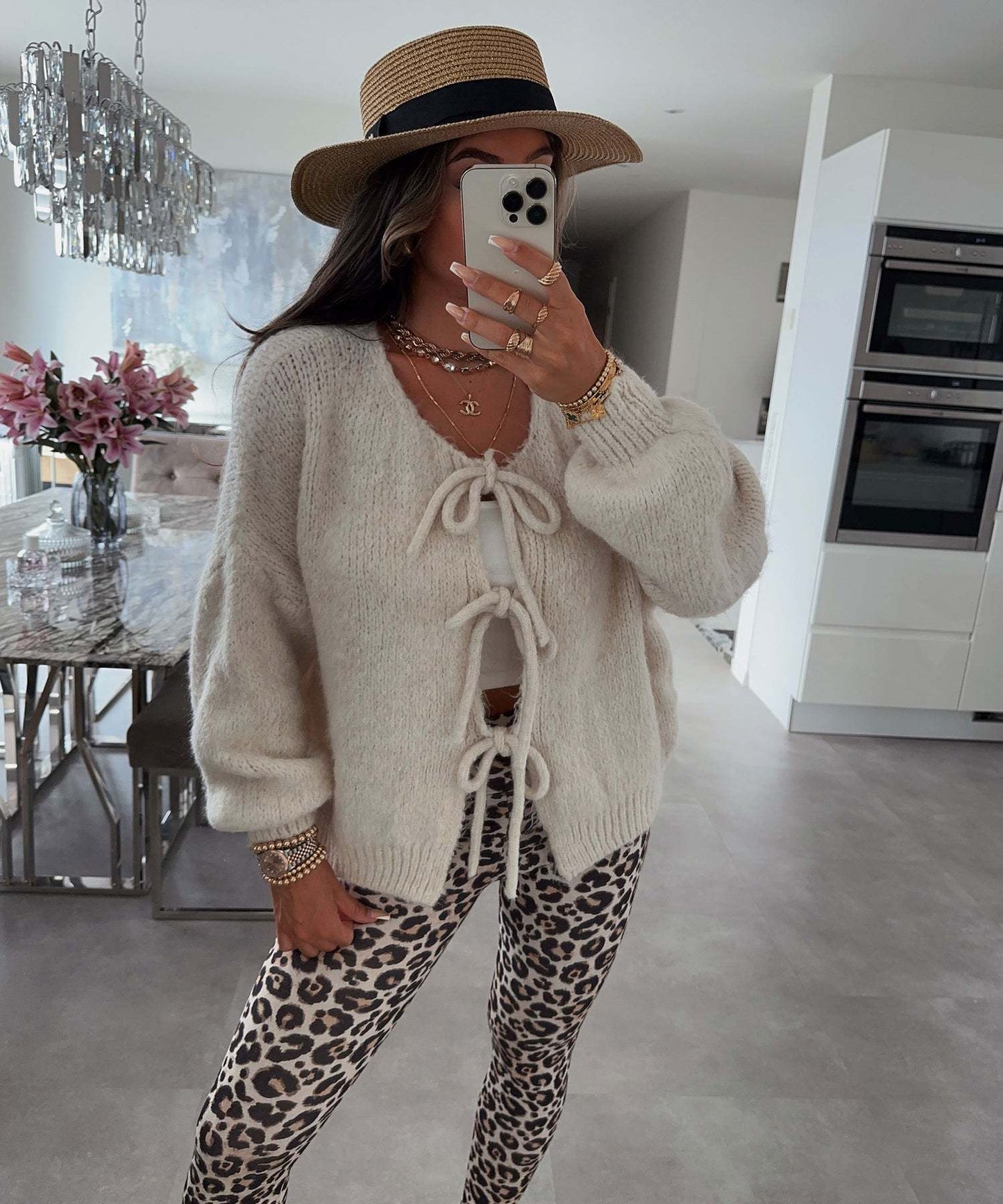 Solid Color Lace-Up Crew Neck Cardigan