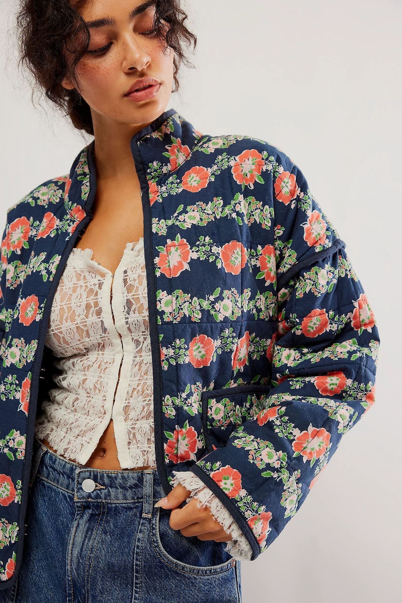 Floral Print Cotton Drop Shoulder Jacket with Pocket Clip