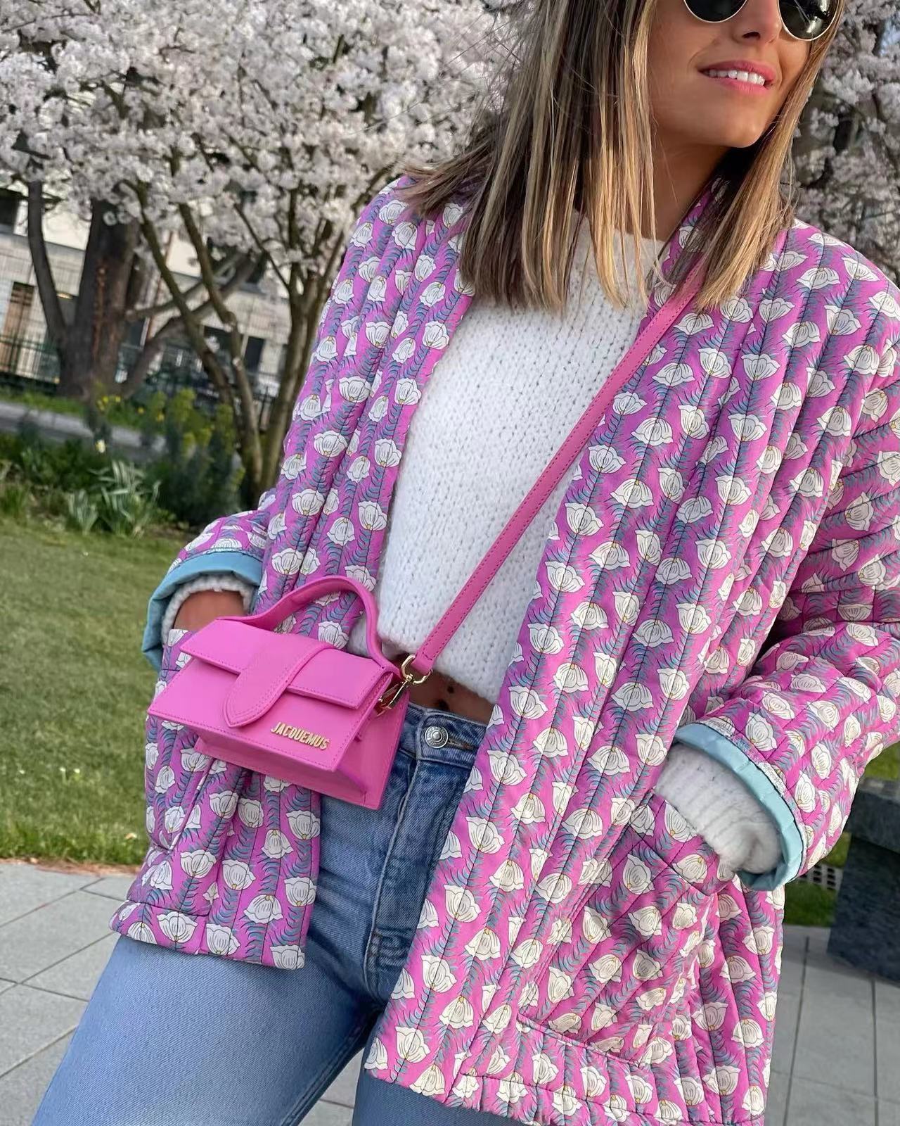 Quilted Jacket with Floral Print and Geometric Pattern Pockets