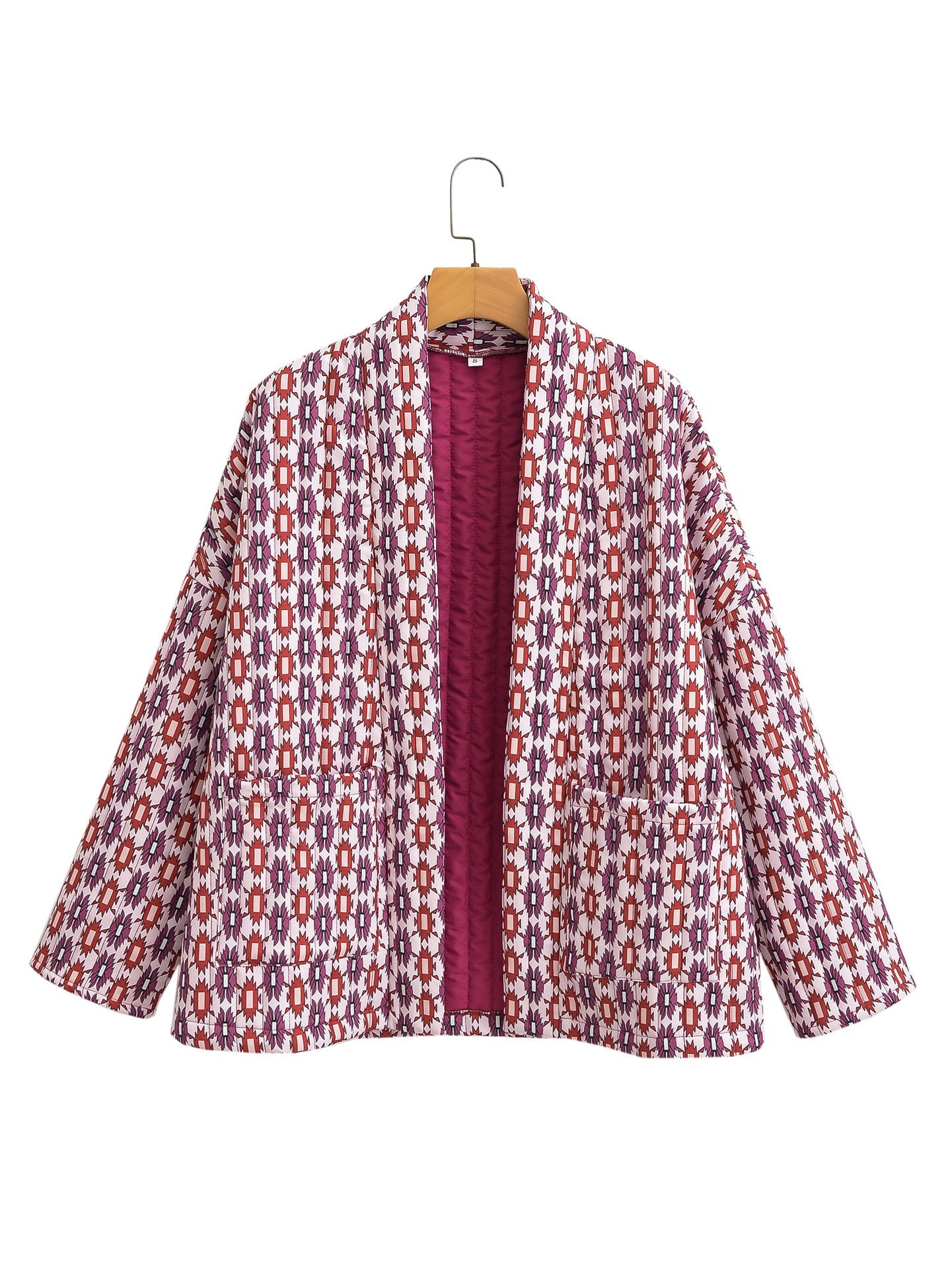 Quilted Jacket with Floral Print and Geometric Pattern Pockets