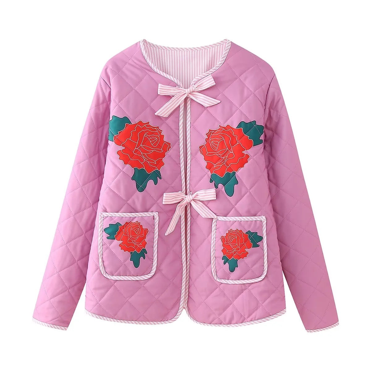 Pink Thin Jacket with Rose Print and Bow Detail