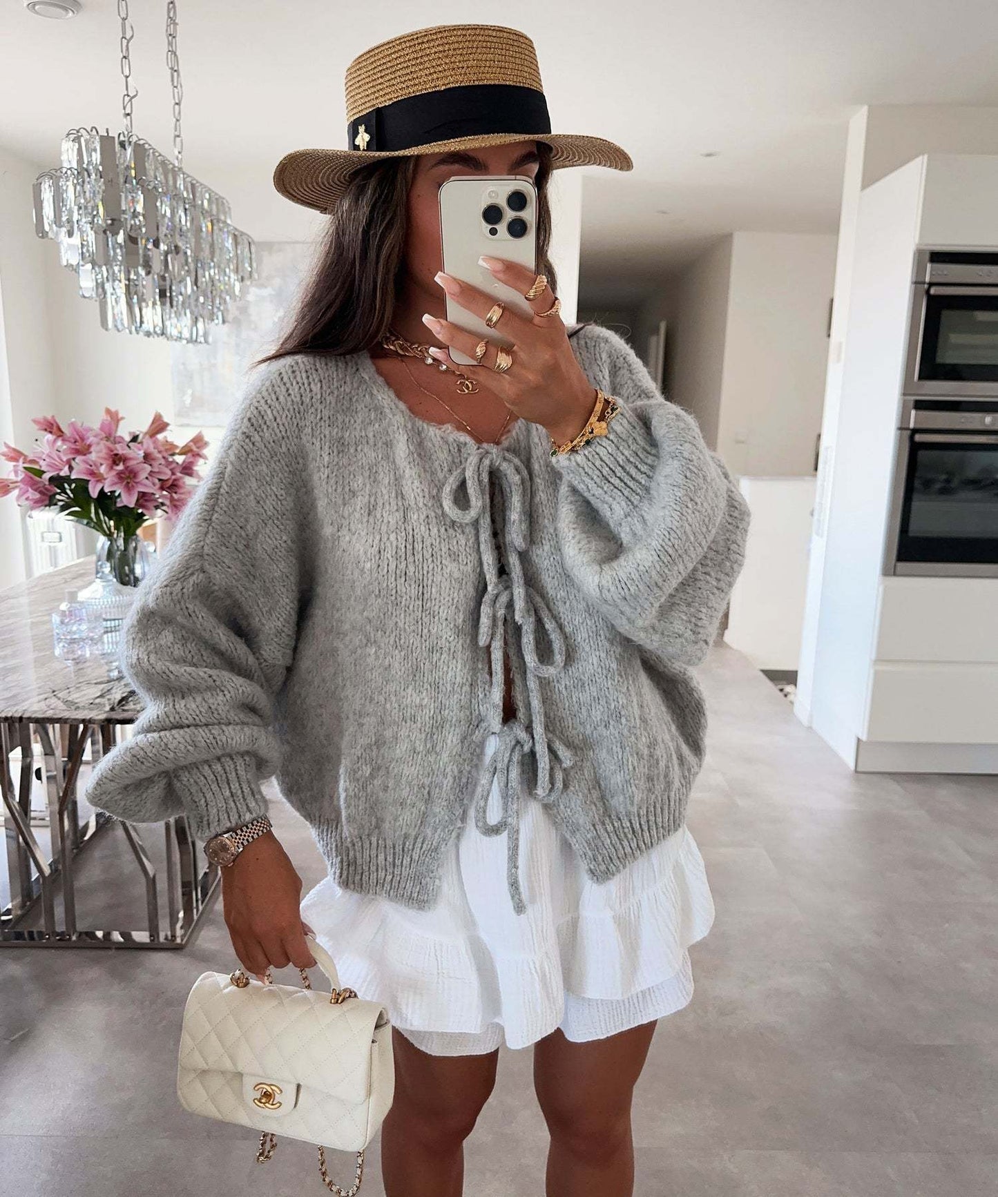 Solid Color Lace-Up Crew Neck Cardigan