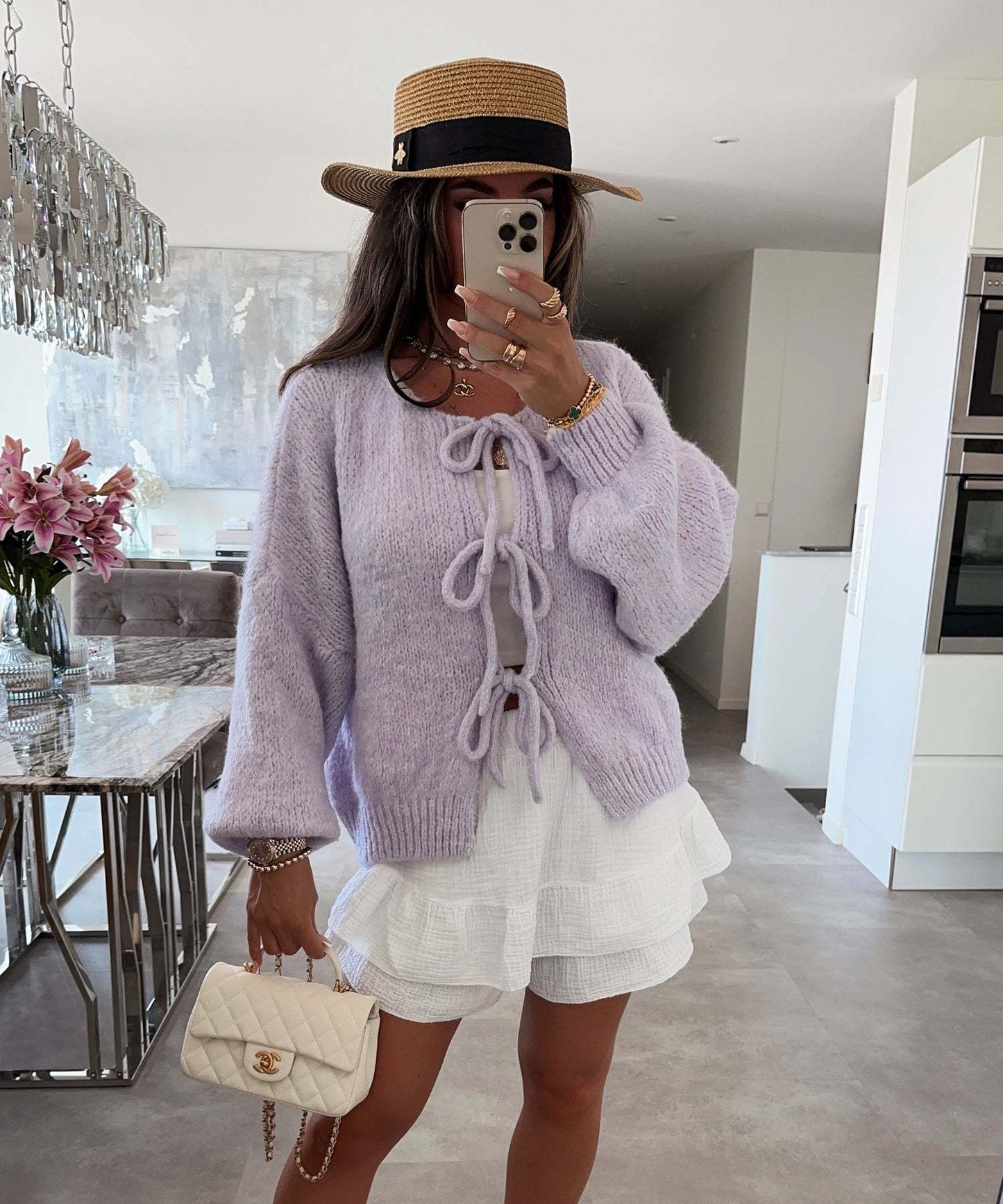 Solid Color Lace-Up Crew Neck Cardigan
