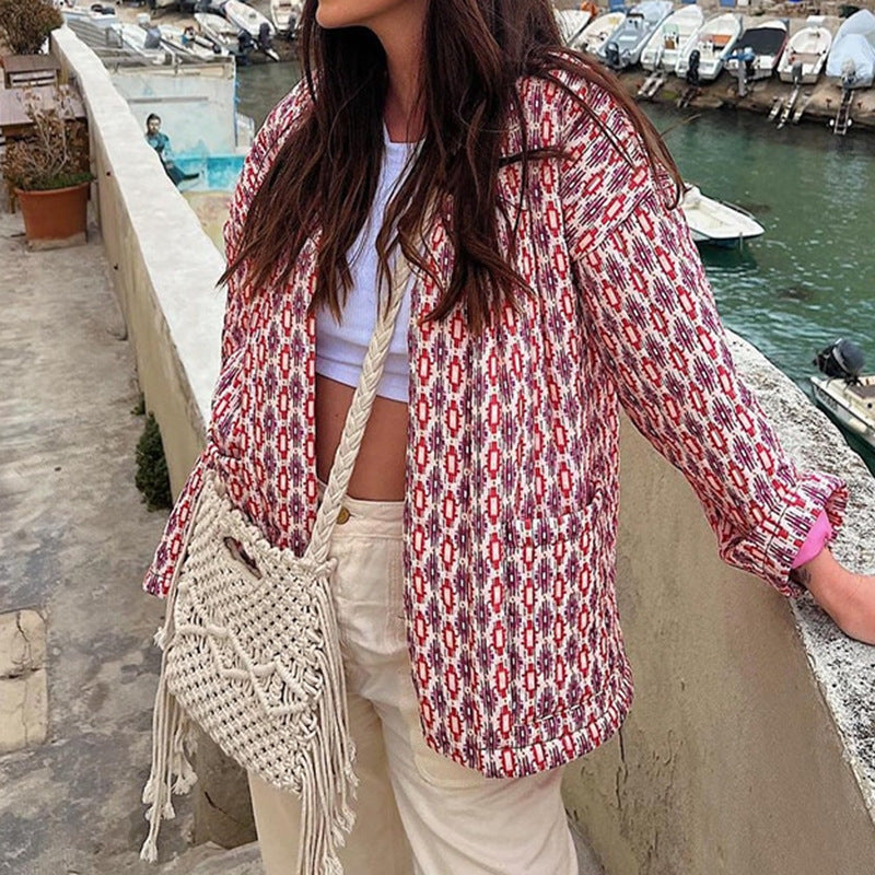 Quilted Jacket with Floral Print and Geometric Pattern Pockets